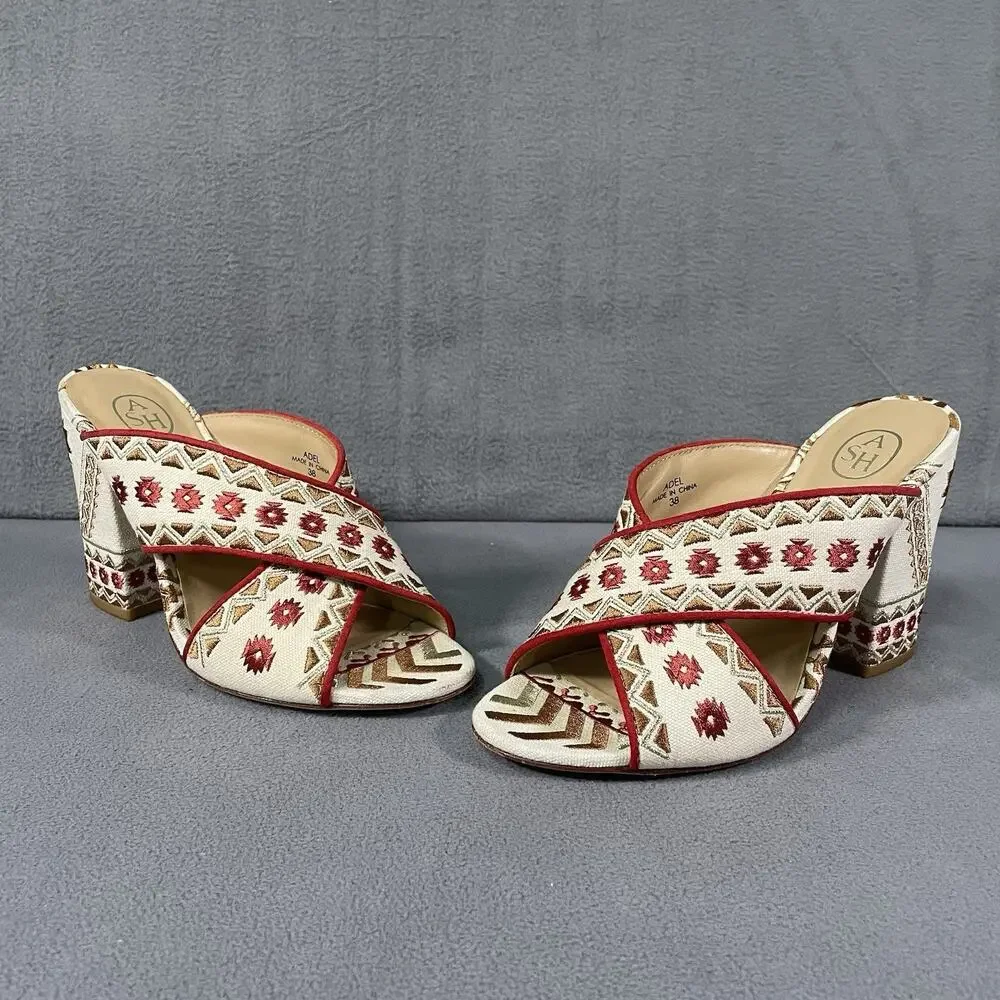 ASH Adel Heels Multicolor Womens EU 38 Block Heel Slide Sandals Embroidered Boho